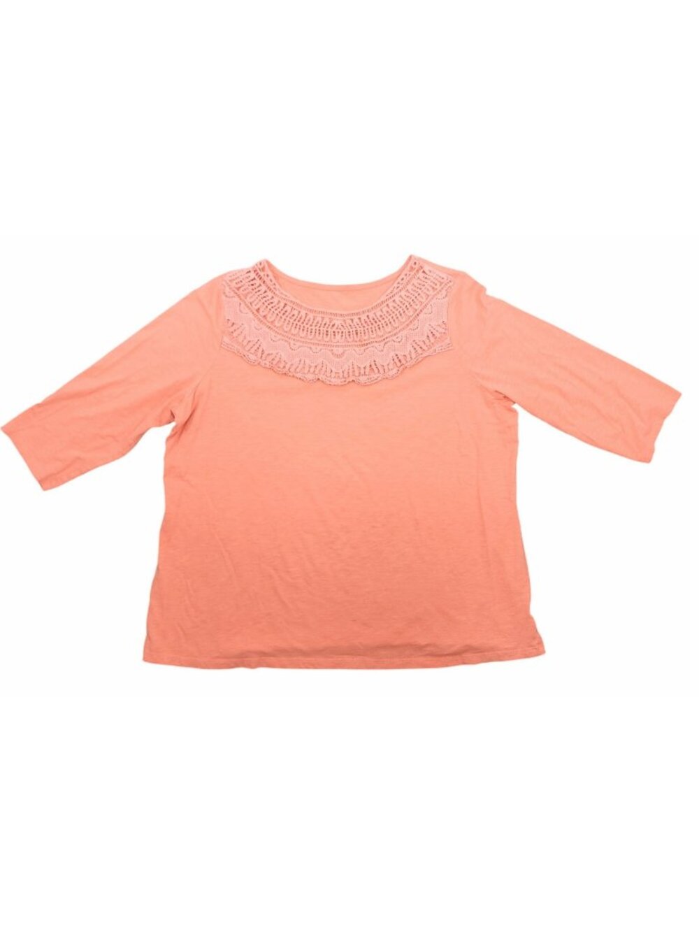 Women's Peach Salmon Knit Blouse with Crochet Neckline Plus Size ¾ Sleeves Soft